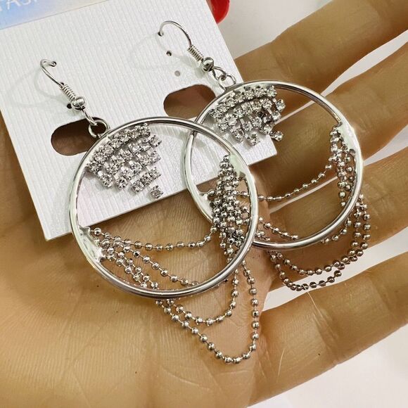 Rhinestone Dangle Earrings Drop Pierced Silver Tone Circle Bead Chains 2.5” - Picture 4 of 8